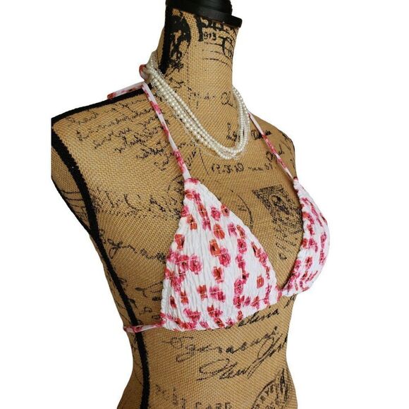 Girls Bikini Top Pink Floral Triangle Strappy Padded Swim Top Large - Picture 2 of 7